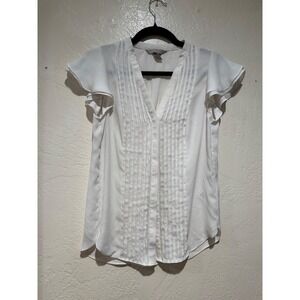 HM White Pleated‎ Front Flutter Sleeve Blouse Womens XXS V-Neck Workwear Top